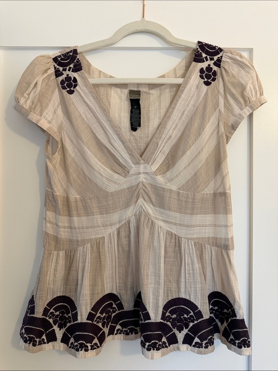 Lithe Tops - Beige & Purple Embroidered V-Neck Peplum Top